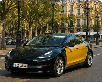 Tesla Model 3 in Barcelona black and yellow taxi livery